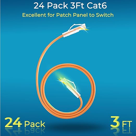 Rapink Patch Cables Cat6/ Cat6a 3ft (24 Pack) Slim, Cat6a Ethernet Patch Cable 10G Support, Snagless Cat 6 Patch Cable for Patch Panel to Switch, Flexiable Cat6 Ethernet Cable Orange
