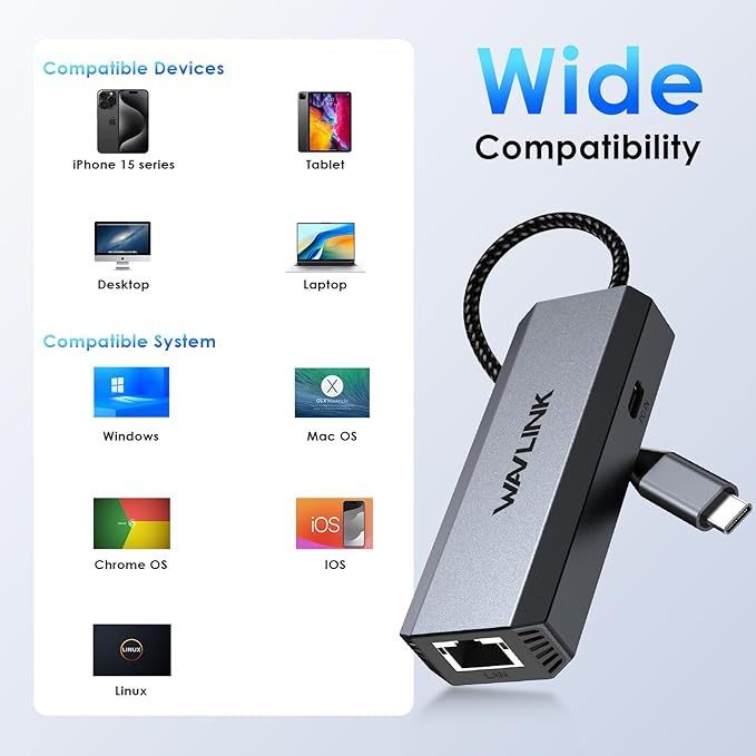 WAVLINK USB C to Ethernet Adapter 2.5 Gbps, USB to 2.5G Ethernet Adapter with 95W Power for Laptop, USB-C to RJ45 Network Converter (Thunderbolt 4/3 Compatible) for Windows, Mac OS, iPad OS and More