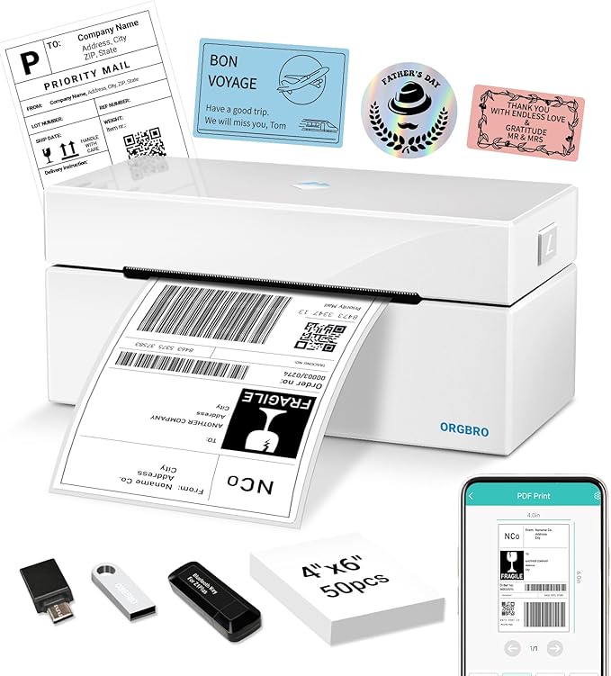 ORGBRO Bluetooth Thermal Shipping Label Printer, Z1-Plus Wireless 4X6 Shipping Label Printer for Small Business Office or Home Support iPhone Android Windows macOS Chrome Amazon Ebay Shopify USPS