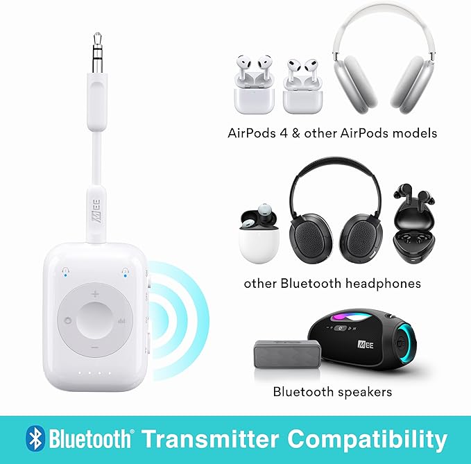 MEE audio Connect Air Pro Bluetooth Wireless Audio Transmitter & Receiver for AirPods or Bluetooth Headphones, 2-in-1 Adapter with Detachable Cable 3.5mm Aux Audio Jack for Airplanes, Auto, Gym, White
