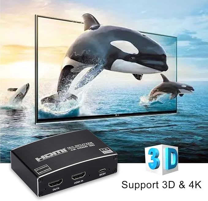 HDMI Splitter 1 in 4 Out, 1x4 HDMI Splitter Audio Video Distributor Box Support 3D & 4K x 2K Compatible for HDTV, STB, DVD, PS3, Projector Etc