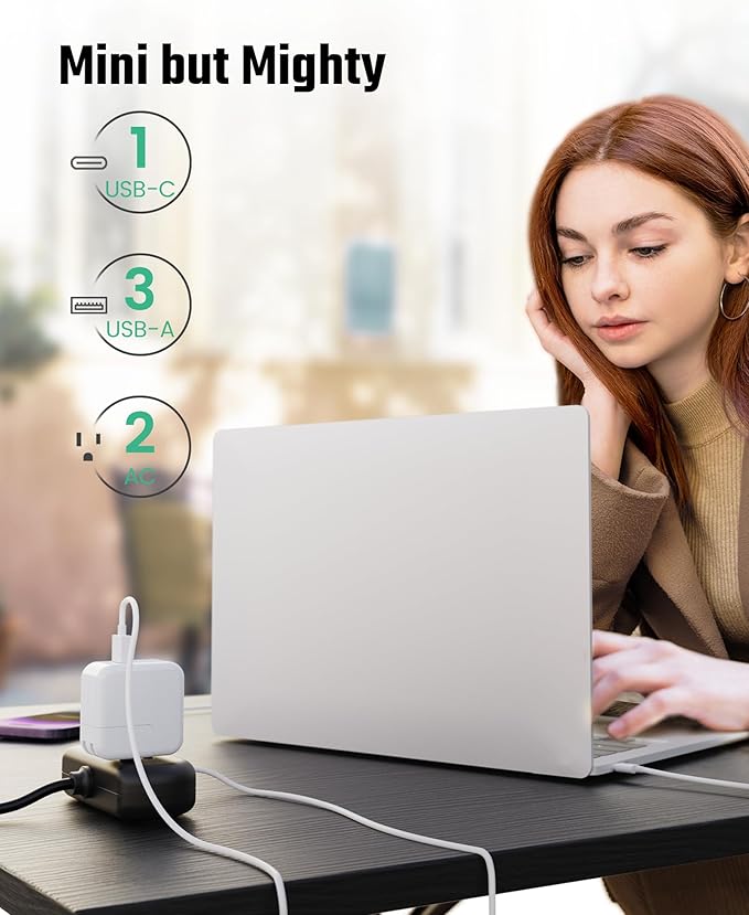 Power Strip with USB, SUPERDANNY Mini Surge Protector with 2 Wide-Spaced Outlets, 3 USB-A 1 USB-C, 5 Ft Extension Cord, Flat Plug, Compact Size Desktop Charging Station Travel, Home, Office, Black