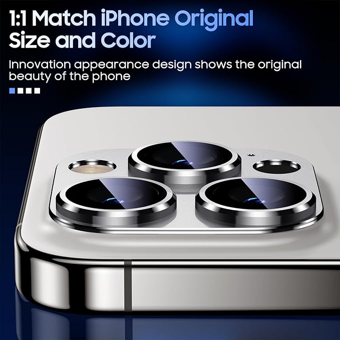 Uyiton Compatible with iPhone 15 Pro/iPhone 15 Pro Max Camera Lens Protector, [Not Easy to Break][Strong Adsorption][Case-Friendly] Metal Tempered Glass Rear Camera Screen Cover - Silver White