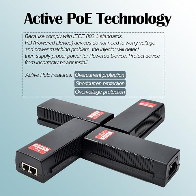 Revotech 30W PoE Injector Adapter Gigabit, IEEE 802.3 at/af 48V DC Passive POE+ RJ-45 10/100/1000Mbps, up to 100 Meters (328 Feet), Plug and Play