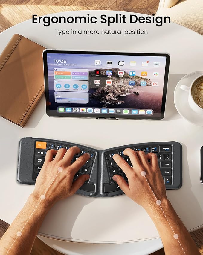 ProtoArc Ergonomic Foldable Keyboard, XK03 Split Folding Bluetooth Keyboard, Ultra Slim, Portable, for iPad, iPhone, Tablet, Laptop, PC - Gray