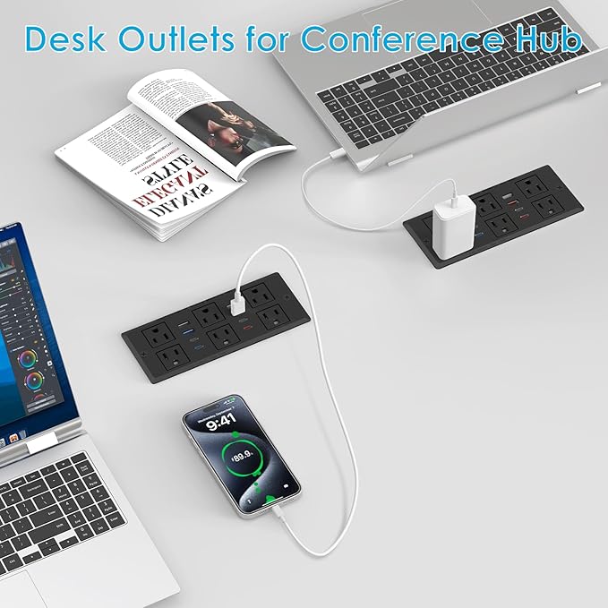 30W Recessed Power Strip USB C, Desk Flush Mount Outlet Plug in 6 AC & 8 USB Ports for Furniture Conference Power Hub, 6FT