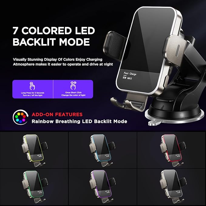 Wireless Car Charger,【7 Colored RGB Backlit】 15W Auto Clamping Car Charger Phone Mount Holder for iPhone 15 14 13 12 Mini Pro Max 11 XR X, Samsung Galaxy S23 Ultra S22 S21+ S10+ Note 20, etc - Silver