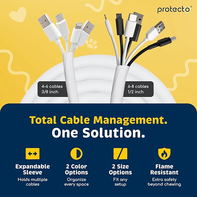 PROTECTO Heavy Duty Dog & Cat Cord Protector 10ft Easy-to-Use Critter Cord Cover for Pet Clear Odorless White Color Cord Protectors from Pets No Chew Solution Power Audio & Video Wire Protector Tubing