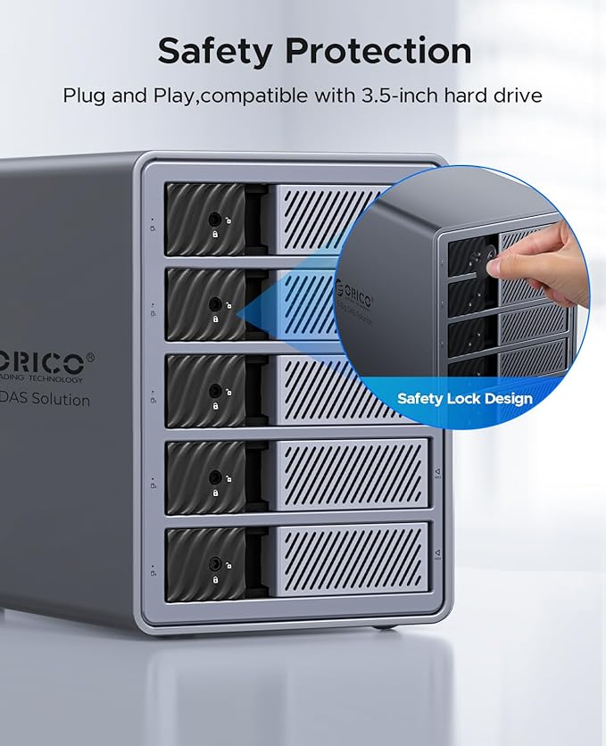 ORICO RAID 5 Bay HDD Enclosures USB 3.0 Push-Pull Mounting for 3.5-inch HDD, Max 110TB, External Direct Attached Storage 8 RAID Modes Supported 9858RU3