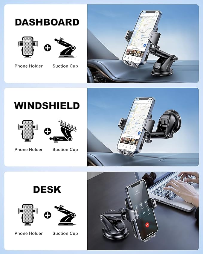3-in-1 Car Phone Holder, Strong Suction Phone Mount for Windshield/Dashboard/Desk, Hands Free Dash Mounted Car Cell Phone Holder Stand, Truck Phone Holder for iPhone Samsung Android Smartphone