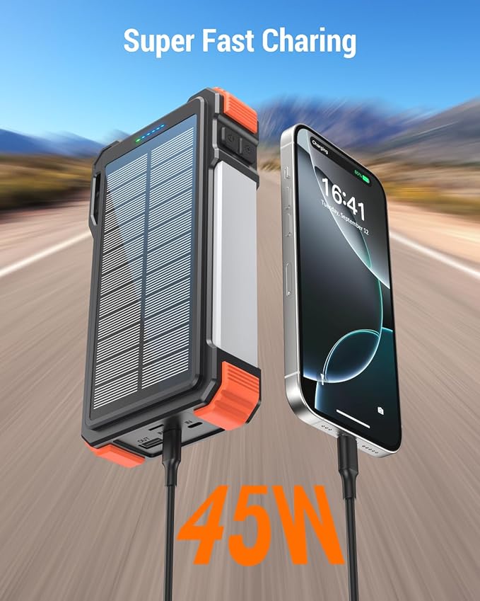 BLAVOR 45W Power Bank Solar Charger Built in Cables, 20000mAh Wireless Portable Charger with USB C, PD QC Fast Charging Waterproof Battery Pack for Cell Phone, Camping Light & Compass for Outdoor Use