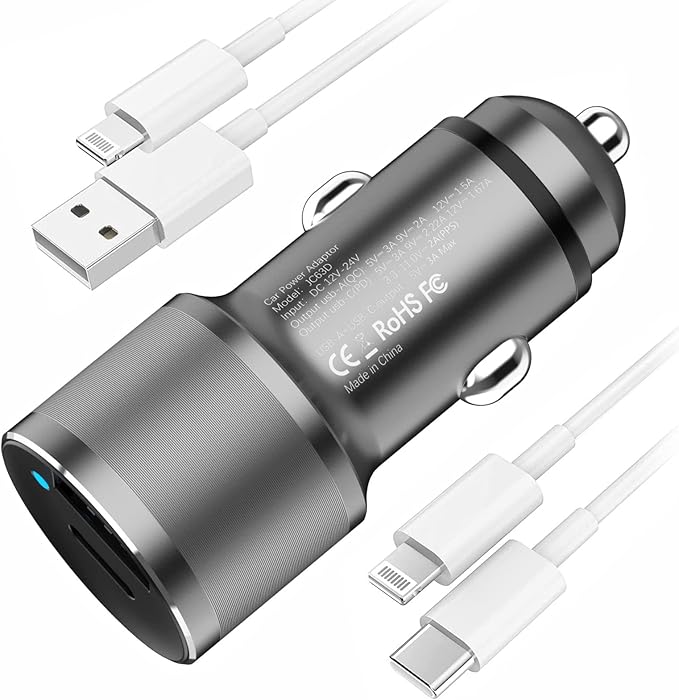 MOCA 38W Fast Car Charger, Dual Port USB C Power Delivery All Metal Lighter PD/ QC3.0 Car Charger with 2 Pack PD Lightning Cord Quick Charging for iPhone 16 15, Samsung Galaxy S25 S24, Pixel, Android