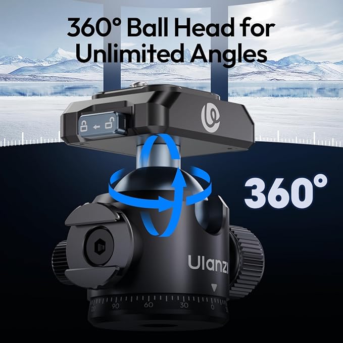 Ulanzi T100 Ball Head, Tripod Ball Head Mount 1/4 & 3/8 inch with Uka Quick Release Plate & Cold Shoe, 360° Rotating Panoramic Ball Head for DSLR Camera,Tripod,Monopod,Slider,Camcorder, 13lbs/6kg Load