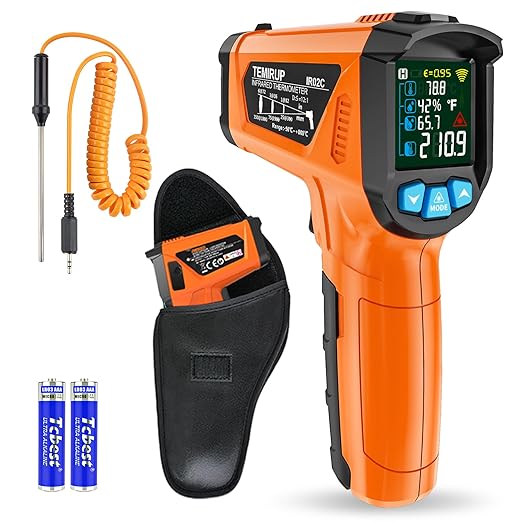Infrared Thermometer Gun, TEMIRUP Digital Laser Temperature Gun, -58°F to 1472°F, Non Contact IR Temp Gun with Color LCD for Industrial, Cooking, Griddle, Engine, HVAC,Adjustable Emissivity & Humidity