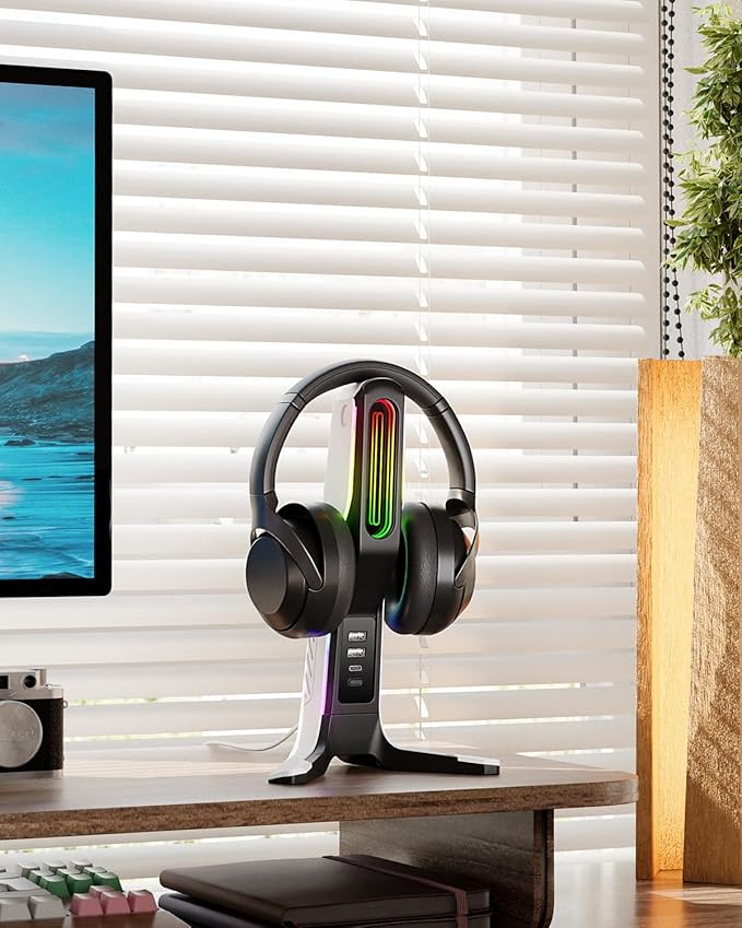RGB Gaming Headset Stand with 2 USB and 1 Type-C Ports, Game Headphone Mount for PC Computer, Xbox One, Xbox Series S/X, PS5, PS4, Earphone Holder Hanger, Desk Gamer Accessories, Black&White