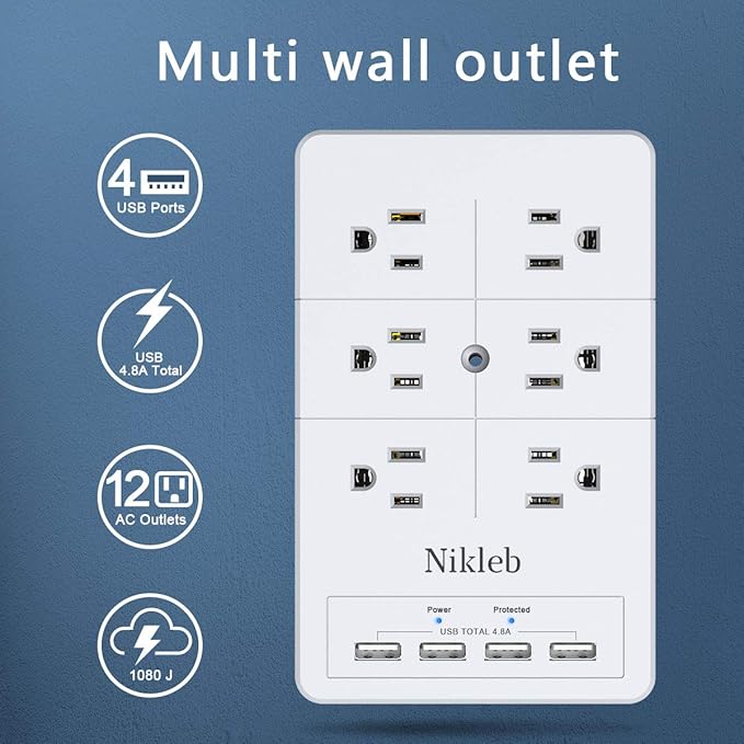 Surge Protector Nikleb 2-Pack, Multi Outlet Plug with 4 USB, Wall Charger Box Multiports Total 4.8A, Electrical Outlet Splitter, Plugs for Outlets Wall Mount, USB Power Adapter Low Profile