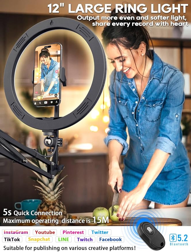 Upgrade Ring Light Overhead Phone Mount, 12”Circle LED Desk Ring Light with Clamp for Video Recording,Flexible Articulating Phone Arm Stand Compatible with iPhone,Live Streaming YouTube Tiktok