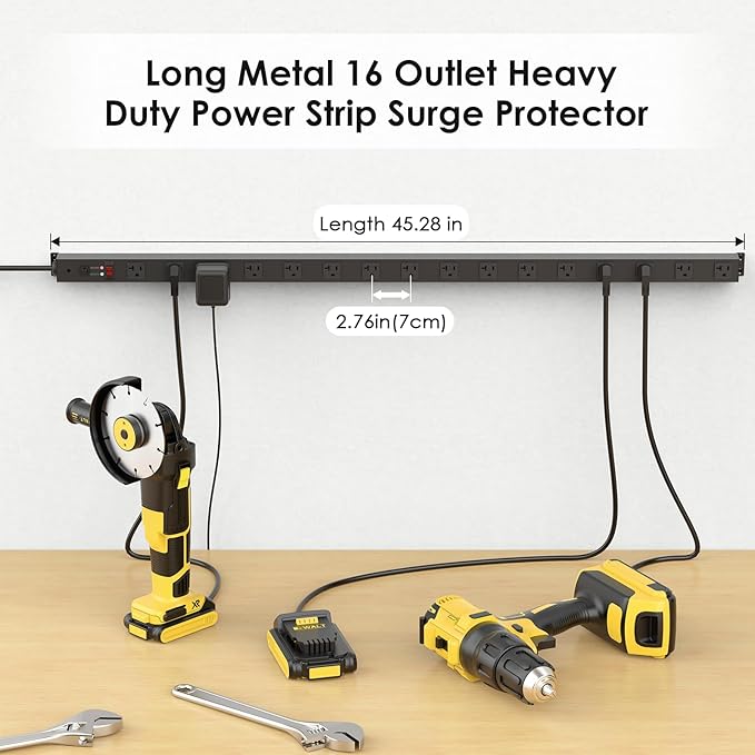 JUNNUJ Long Metal 16 Outlet Power Strip,Wide Spaced Garage Industrial Heavy Duty Power Strip,Surge Protection 4800J,Wall Mount Screws Outlet with Switch 5-15P High Amp 6-20R T-Slot (Black, 6FT)