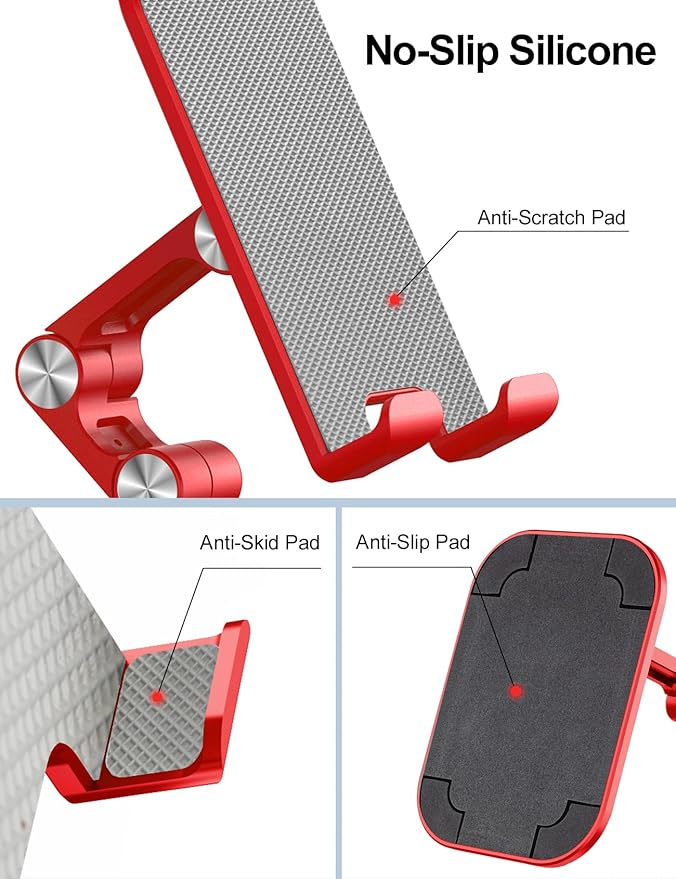 OCYCLONE Phone Stand, Adjustable Height and Angle Foldable Cell Phone Stand Holder for Desk, Taller iPhone Stand Compatible with 4.7"-13" Smartphones iPad Tablet, Red