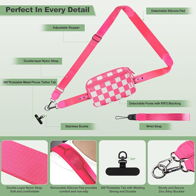 Clip and Go Strap for Phone with Wallet Crossbody, Adjustable Phone Lanyard with Detachable RFID Wristlet Wallet, Phone Strap with Phone Tabs for All Phones, Pink Checkered (M)
