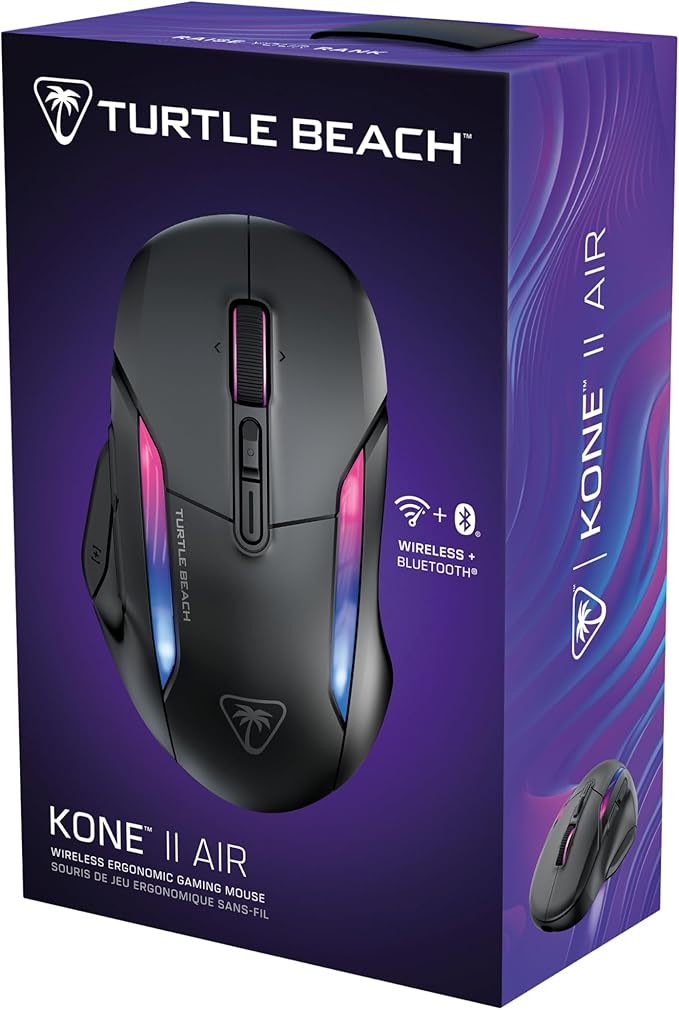 Turtle Beach Kone II Air – Wireless Ergonomic RGB Gaming Mouse, 350-Hr Battery, 26K DPI Optical Sensor, 100M Click Optical Switches, 21 Customizable Inputs, 4D Free-Spin Scroll Wheel – Ash Black