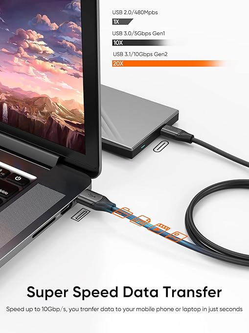 CableCreation USB C to USB A Cable 1FT 2Pack, USB-C to USB 3.1 USB 3.2 Gen2 10Gbps USB-A to C Data Cable, Android Auto Cord 3A for Type C External SSD MacBook Pro iPad S21, iPhone 15/16 Pro Max