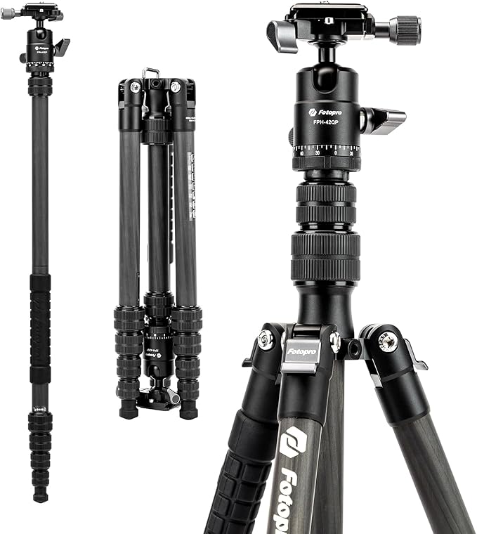 Fotopro 59" Carbon Fiber Travel Tripod, Lightweight Compact Camera Tripod with Ball Head Quick Release Plate, Compact Detachable Monopod with Carry Bag, Load up to 8KG/17.63lbs