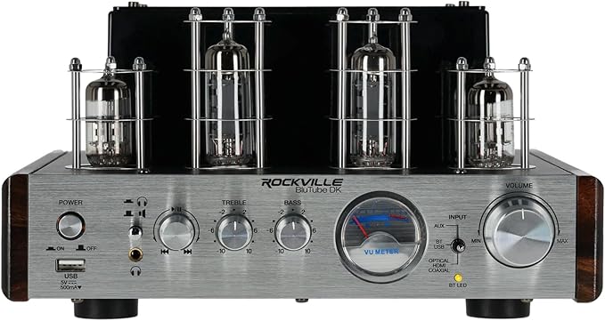 Rockville BluTube DK Audiophile Tube Amplifier with Bluetooth, 35Wx2 RMS @ 4 Ohm, HDMI/Optical/Coaxial Inputs, Sub Output, USB, RCA, VU Meter, Headphone Out