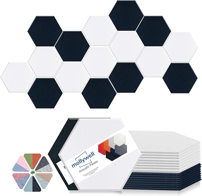 Mollywell Hexagon Acoustic Panels, High Density, Soundproofing, Decorative Noise Reduction Felt Wall Tiles for Ceilings, Home Office & Gaming Room (Deep Blue and White), 14x12x0.4 Inch