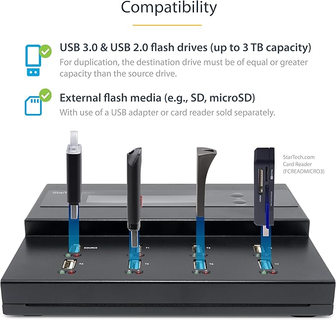 StarTech.com Standalone 1 to 7 USB Flash Drive Duplicator/Cloner / Eraser, Multiple USB Thumb Drive Copier / Sanitizer, System File / Sector-by-Sector Copy, 1.5 GB/min, 3-Pass Erase, LCD, TAA