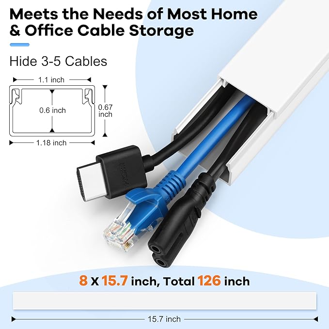 126in Cord Hider Kit, ZhiYo Wire Hiders for TV on Wall, Paintable Cable Management Kit, Wire Cover for Wall Mount TV, White Cable Raceway, Cord Cover Wall Wire Management Kit, 8xL15.7in W1.18inH0.67in