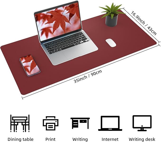 Desk Mat 35" x 17" Leather Desk Pad Protector with Natural Cork & PU Leather, Non-Slip Office Desk Mat, Double-Sided Large Mouse Pad, Waterproof Desk Cover for Office&Home (red)