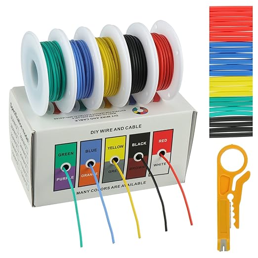BOJACK 22 AWG Flexible Silicone Wire Electric Wire Hook up Wire Kit 300V Cables with Plus 20 φ3mm Heat Shrink Tubings and a Mini Wire Stripper(5 Colors 19.69Ft Each Color, 22AWG)