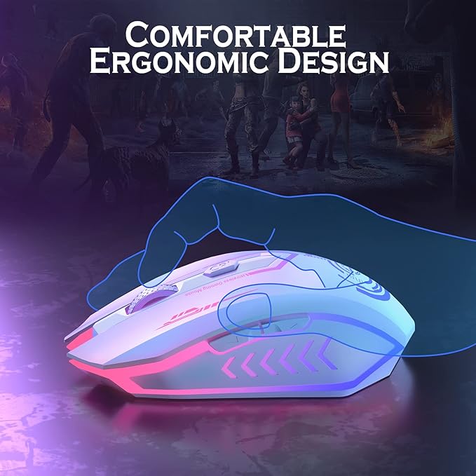 UHURU Gaming Mouse, Wireless Gaming Mouse with 6 Buttons 7 Changeable LED Color up to 10000 DPI, Rechargeable USB Gamer Mouse for PC Laptop (White)