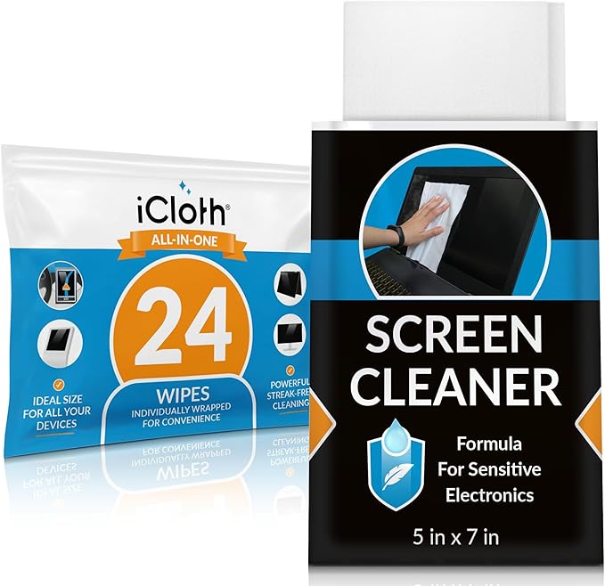 Screen Cleaner Wipes by iCloth – Individually Wrapped – Travel Size – Streak-Free (24 Large Wipes)