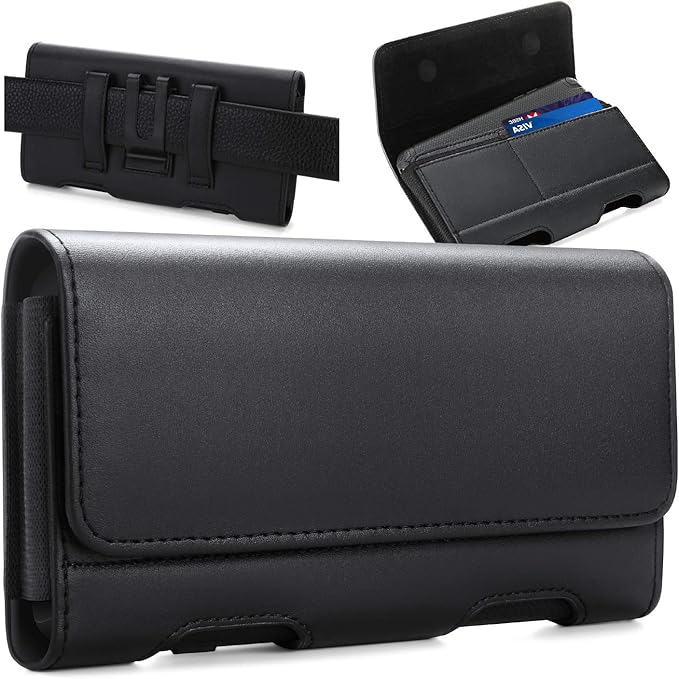 BECPLT for iPhone Air 17 Pro Max 16/15/14/13/12/11 Pro Max Holster Case Belt Clip Case Leather Holster Pouch Belt Case with Card Holder for Galaxy S25+ S24/S23/S22/S21 Plus -Black