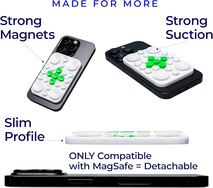 The Clingy Thingy Magnetic Sticky Phone Grip - Removable iPhone Suction Grip for Hands-Free FaceTime - Workouts, Influencers & Content Creator Essentials, Compatible with iPhone 12-16 (White/Green)