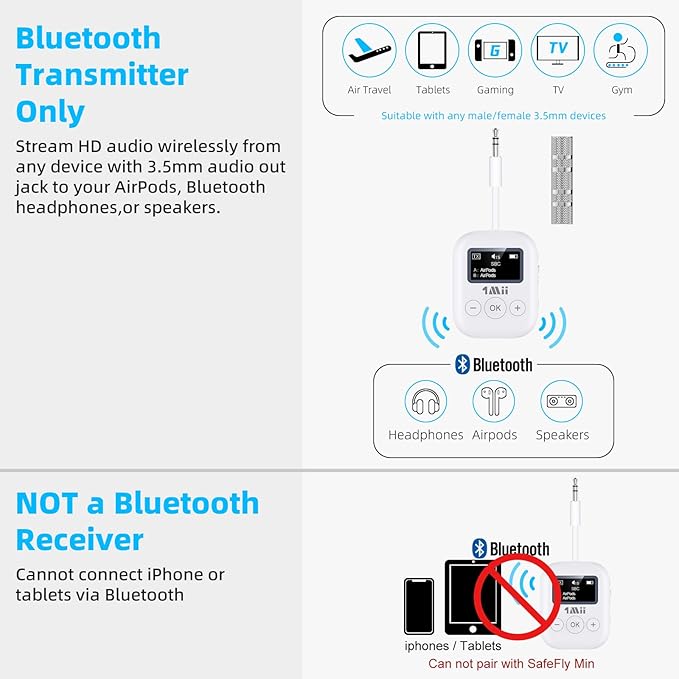 1Mii Bluetooth Transmitter for Airplane, Bluetooth 5.3 Adapter for TV,Airplane Travel Essentials, Aptx Low Latency Wireless Audio Aux for Headphones, Any 3.5mm Jack,Linking 2 Devices (White)
