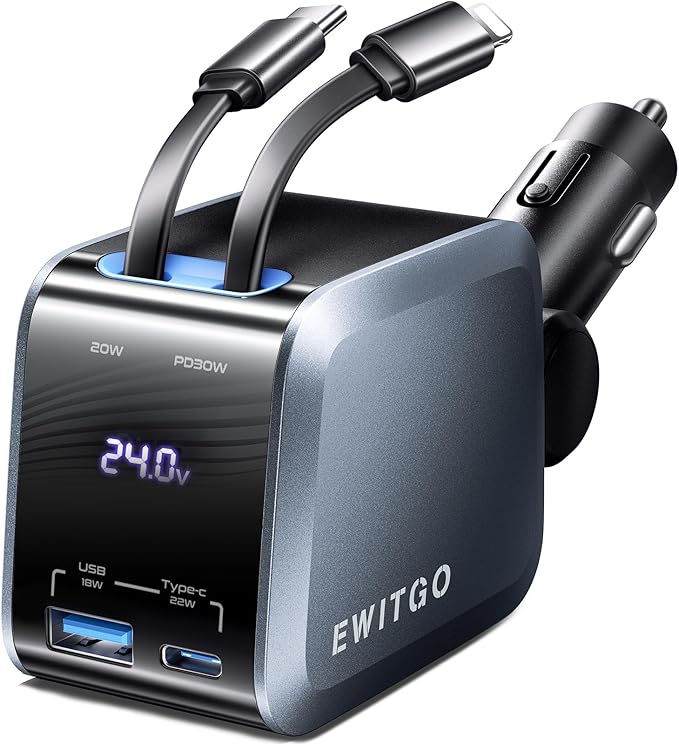 Retractable Car Charger, Car Accessories, 72W Fast Charging USB C Car Charger with 4FT Retractable Cables and 2 Ports, for iPhone 16 15 14 13 12, Samsung etc Warm Grey