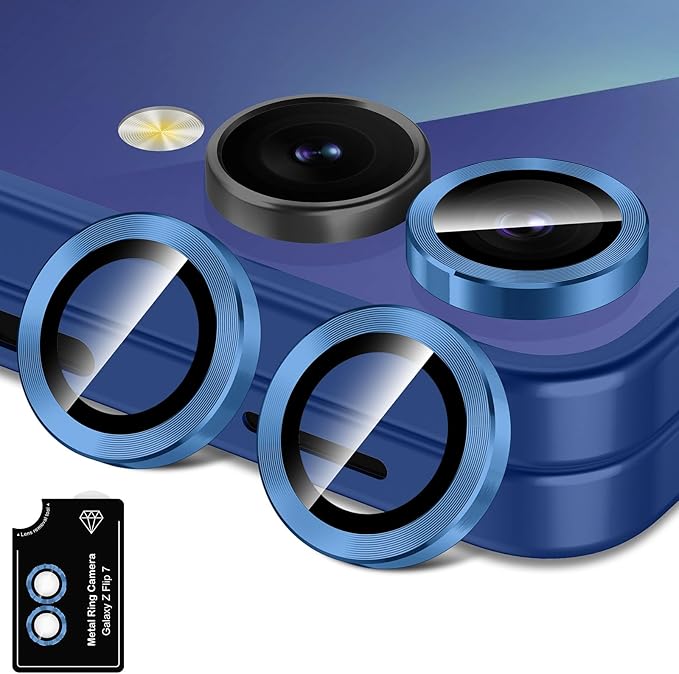 for Samsung Galaxy Z Flip 7 Camera Lens Protector, Individual Metal Ring Tempered Glass Lens Cover, [Strong Adsorption] Scratch Resistant Ultra-Thin HD Clear Lens Cover, 1 Set-Blue Shadow