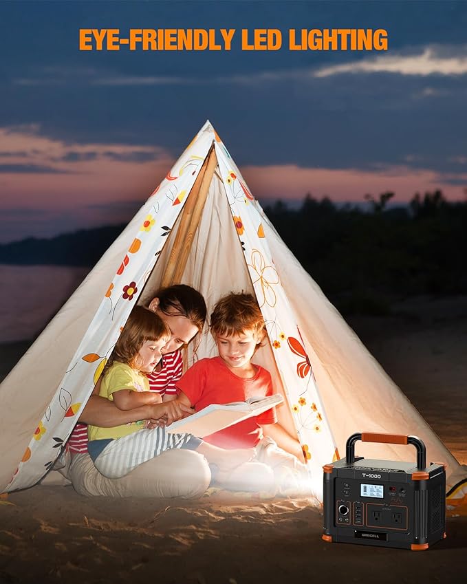 GRECELL 999Wh Solar Generator 1000W, Portable Power Station with 60W USB-C PD Output, 110V Pure Sine Wave AC Outlet Backup Lithium Battery for Outdoors Camping Travel Hunting Home (Peak 2000W)