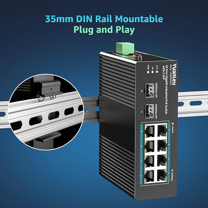 YuanLey 10 Port Industrial Switch with 8 Port PoE Gigabit & 2X SFP Port, Unmanaged PoE Switch with 120W Power Adapter, IEEE802.3af/at, VLAN & RSTP, Din-Rail PoE Switch for IP Camera, VoIP Phones,AP
