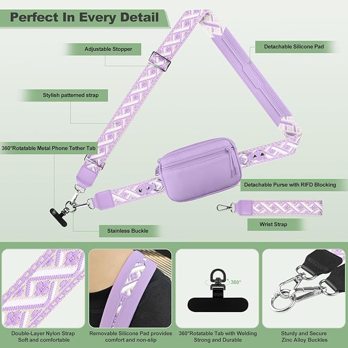 Clip and Go Strap for Phone with Wallet Crossbody, Adjustable Phone Lanyard with Detachable RFID Wristlet Wallet, Pattern Strap, Purple (M)