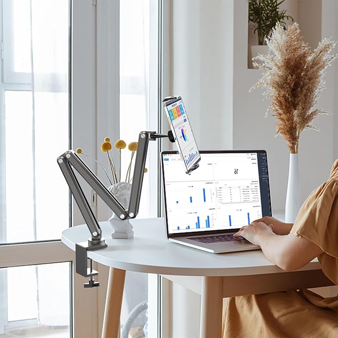 KU XIU Aluminum Alloy Tablet Stand for Desk, Adjustable Foldable Arm Holder Mount Compatible with iPad 10/9th, iPad 13/12.9/11'' Pro Air Mini, Portable Monitor 7-15.6'', Samsung Galaxy Tab S9/FE/A9/S6