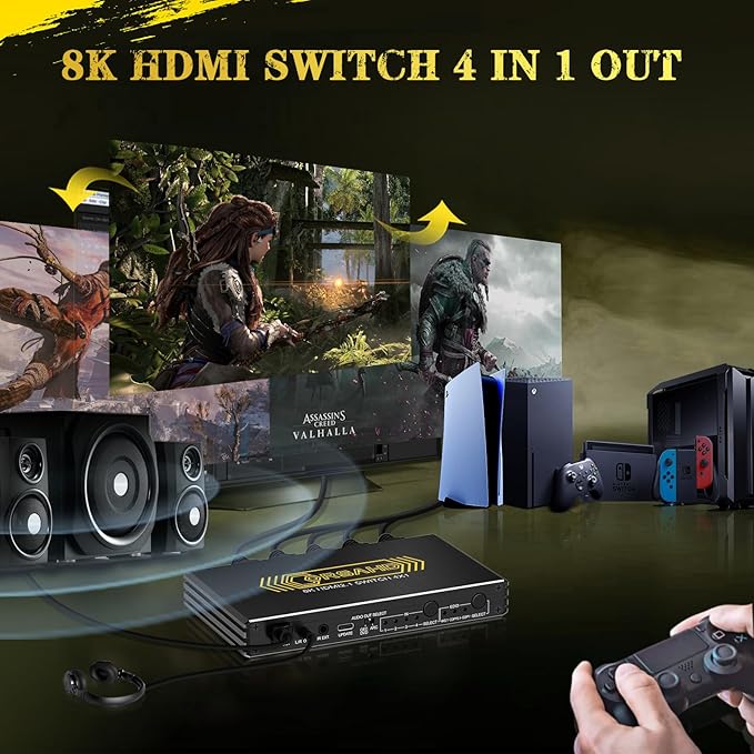 4K@120Hz HDMI 2.1 Switch 4 in 1 Out with Audio Extractor,48Gbps,HDCP 2.3,HDR 10+,ARC,VRR,ALLM,CEC,IR Remote,Optical SPDIF 5.1Ch,AUX L/R 3.5mm 2.1Ch,HDMI Switcher 4x1,4 Port HDMI Selector