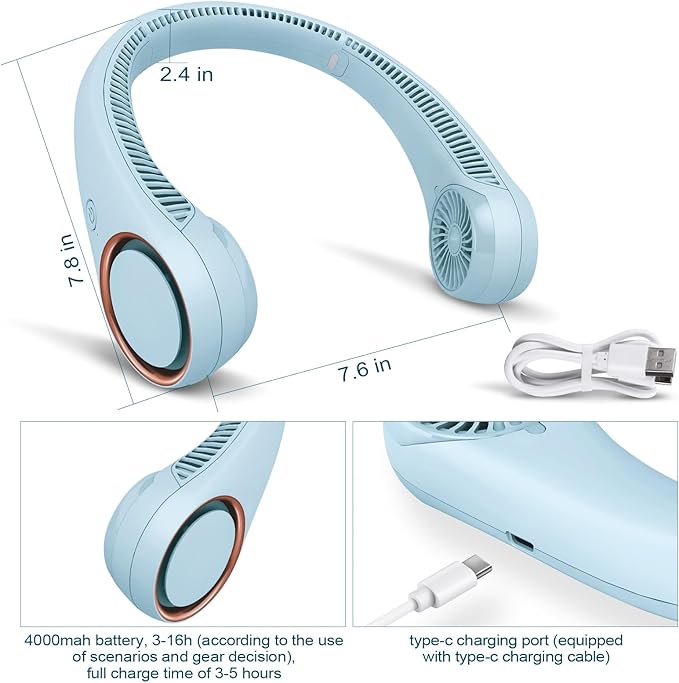 CIVPOWER Neck Fan: Portable Personal Neck Cooling Rechargeable Bladeless Fan - Hands Free 3 Speed 4000 mAh Battery USB Operated Wearable Headphone Design - for Men Women Outdoor Indoor (Light Blue)