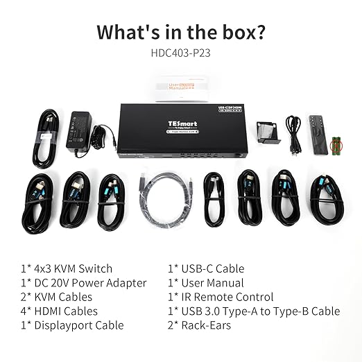 TESmart USB 3.0 HDMI+DP+USB C KVM Switch 3 Monitors 4 Computers 4K@60Hz, 4 Port Triple Monitor KVM Switch Built-in Docking Station, Headset,MST, EDID emulators, Hotkey Switch, Wired Network, Rack-Ears