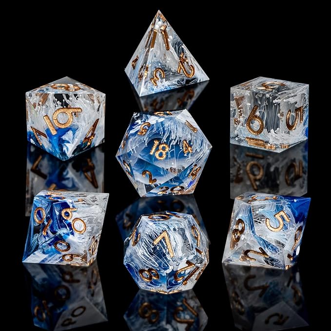 ARUOHHA Blue DND Resin Dice Set 7PCS Translucent Handmade RPG Polyhedral Sharp Edge Dice Set with Gift Box, Glitter Inclusions D and D Dice D20 D12 D10 D8 D6 D4