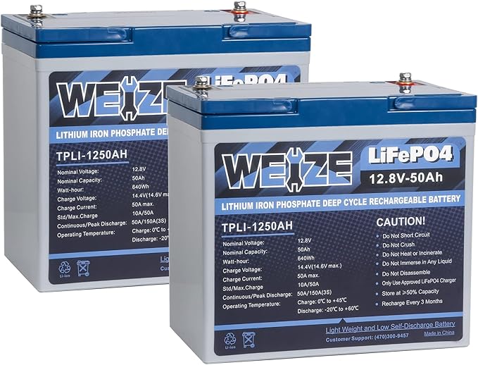 WEIZE 12V 50Ah Lithium LiFePO4 Battery, Grade A Cells Built in BMS, 8000+ Deep Cycles Low Temperature Protection Battery for Marine, Trolling Motor, Solar, Power Wheelchair, Backup Sump Pump (2 Packs)