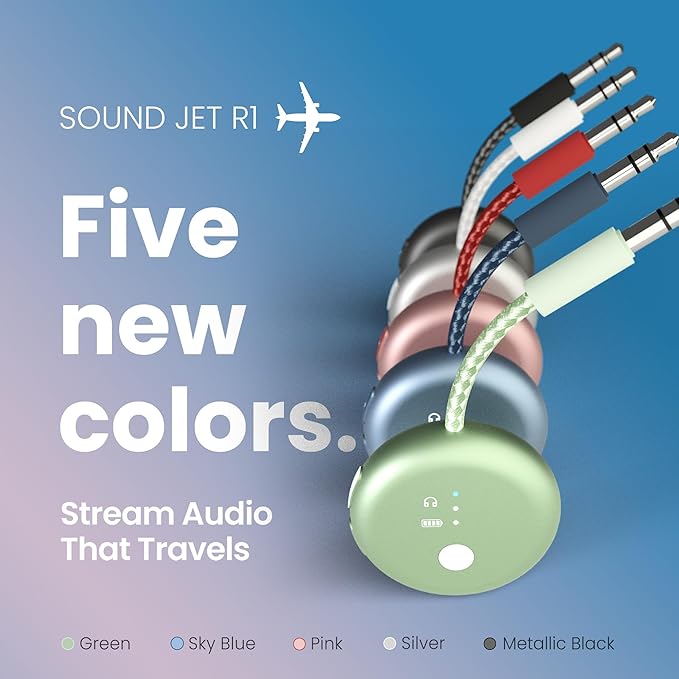 Avantree SoundJet R1 – Pack of 5 Airplane Bluetooth Adapter for Headphones & AirPods, aptX Adaptive, Qualcomm Chipset, 20H Battery, Wireless Audio Transmitter for in-Flight Travel Essentials - 5 Color